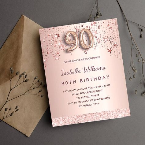 90th birthday rose gold stars budget invitation for $1.15 - Birthday Invitations Script Numbers, Budget Birthday Party, Birthday Rose Gold, 90th Birthday Party, Budget Birthday, Birthday Roses, 90's Birthday Party, Invitation Flyer, 15th Birthday