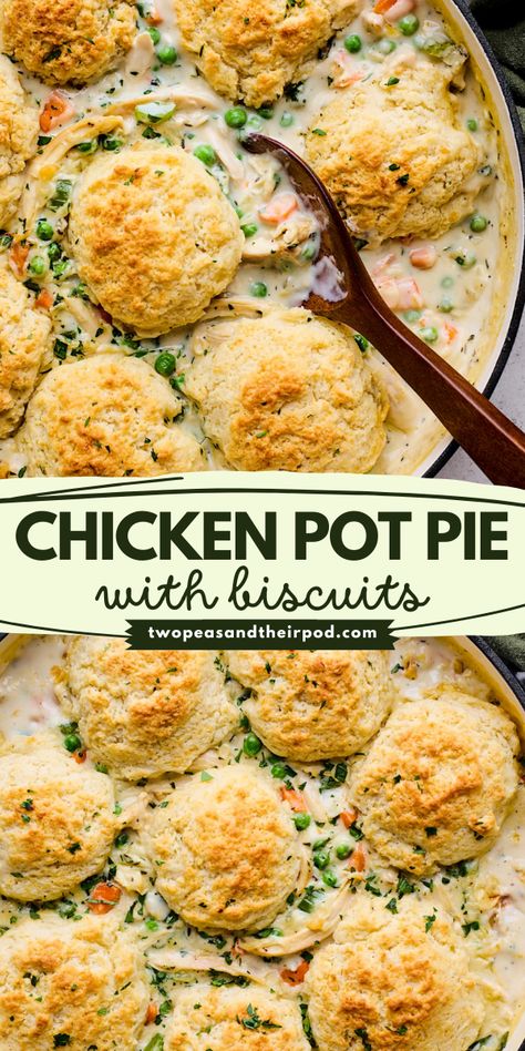 Chicken Pot Pie with Biscuits is a simple chicken recipe for dinner that's always a family favorite! This easy chicken pot pie recipe is creamy and loaded with flavors. Pin this easy comfort food for dinner tonight! Homemade Chicken Pot Pie With Biscuits, Quick Chicken Pot Pie With Biscuits, Crockpot Chicken Pot Pie With Biscuits, Healthy Chicken Pot Pie Recipe, Dutch Oven Chicken Pot Pie, Easy Homemade Chicken Pot Pie, Chicken Pot Pie Recipe With Biscuits, Skillet Chicken Pot Pie, Chicken Pot Pie With Biscuits