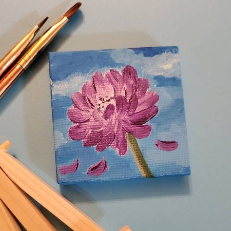 Purple Chrysanthemum, Chrysanthemum Painting, Acrylic Canvas Painting, Mini Easel, Beginner Painting, Acrylic Canvas, Mini Canvas, Flower Photos, Miniature Painting