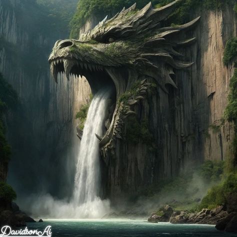 Dragon Kingdom Fantasy Art, Fantasy Landscape Aesthetic, Epic Fantasy Aesthetic, Httyd Hidden World, Fantasy World Ideas, Fantasy World Inspiration, Pirate Dragon, Fantasy World Aesthetic, Dragon Waterfall