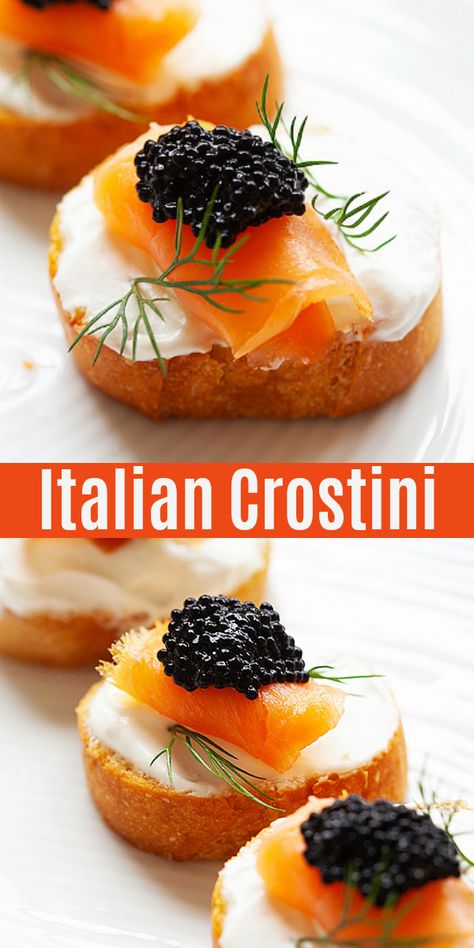 Italian Crostini, Salmon Toppings, Caviar Appetizers, Recipe With Sour Cream, Crostini Toppings, The Best Appetizers, Crostini Recipe, Salmon Caviar, Gluten Free Puff Pastry