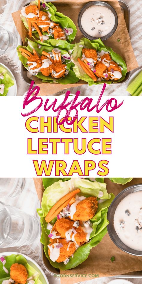 These buffalo chicken lettuce wraps are the perfect combination of spicy and refreshing! Packed with flavor, they're great for a quick and easy weeknight dinner or for serving at a party. The juicy shredded chicken mixed with buffalo sauce, crunchy veggies, and tangy blue cheese crumbles all wrapped up in crisp lettuce leaves make for a satisfying and healthy meal or game day appetizer! Buffalo Chicken Lettuce Boats, Chicken Lettuce Boats, Juicy Shredded Chicken, Lettuce Boats, Hand Held Food, Blue Cheese Crumbles, Lettuce Wraps Healthy, Buffalo Chicken Lettuce Wraps, Crunchy Veggies