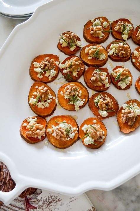 Sweet Potato Crostini, Sweet Potato Blue Cheese Bites, Sweet Potato Hors D’oeuvres, Apricot Blue Cheese Canapes, Pear Blue Cheese Appetizer, Baked Pears With Blue Cheese And Honey, Blue Cheese Pear Honey Crostini, Friendsgiving Menu, Cheese Bites