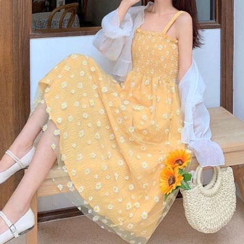 AKANYA - Floral Strappy Midi Dress With Mesh Overlay / Sheer Tie Front Cardigan Sundress Aesthetic, Dress With Mesh Overlay, Sundress Outfit, Yellow Sundress, Strappy Midi Dress, Tie Front Cardigan, Aesthetic Y2k, Kawaii Aesthetic, Mesh Overlay