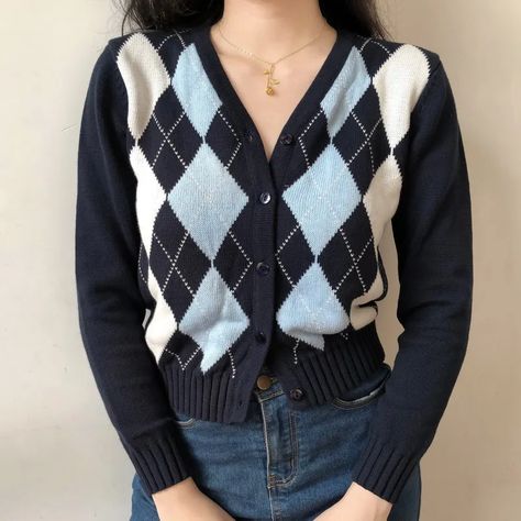 Sinora V-Neck Argyle Cropped Cardigan | YesStyle Geometric Cardigan, Argyle Cardigan, Áo Len Cardigan, Cardigan Crop Top, Knitting Women Cardigan, Plaid Sweater, Cardigan Crop, England Fashion, Argyle Sweater