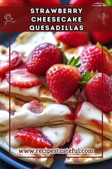 Indulge in the deliciously sweet and creamy Strawberry Cheesecake Quesadillas. This decadent dessert combines cream cheese, fresh strawberries, and warm tortillas for a delightful twist on a classic treat. Perfect for a quick snack or dessert! Cream Cheese Breakfast, Cheese Quesadillas, Breakfast Quesadilla, Cheese Breakfast, Cheese Quesadilla, Strawberry Cream Cheese, Strawberry Sauce, Quick Snack, Strawberry Cream