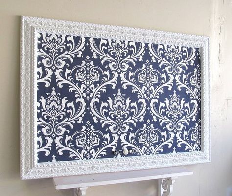 Magnet board (great for seating plan) Memory Board Diy, Country Nursery Decor, French Country Nursery, Damask Decor, Framed Magnetic Board, Art Deco Living Room, Wedding Magnet, White Damask, Memo Board