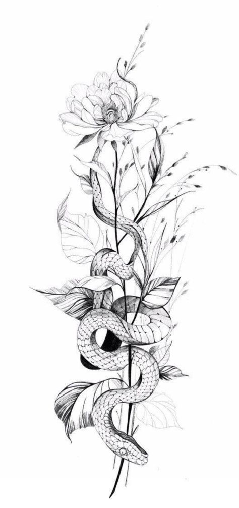 Vine And Snake Tattoo, Flowers With Snake Tattoo, Fineline Snake Tattoo, Snake With Flowers Tattoo, Snake Spine Tattoo, Snake And Flowers Tattoo, Snake And Flowers, Tattoo Main, Flower Spine Tattoos