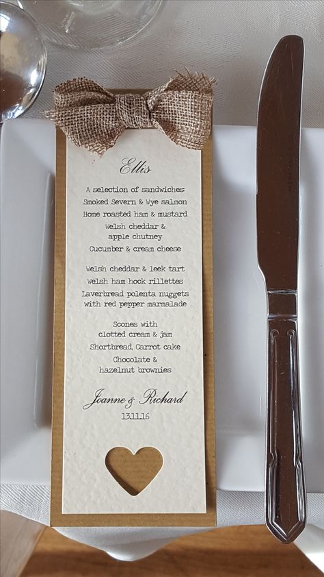 Rustic, handmade kraft & hessian wedding menu/place card Handmade Menu Card Ideas, Handmade Menu Card Design Creative, Diy Menu Cards, Hessian Wedding, Wedding Table Menus, Recuerdos Primera Comunion Ideas, Beach Wedding Decorations Reception, Bespoke Wedding Stationery, Handmade Wedding Invitations