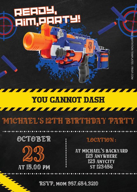 Free Editable PDF - Nerf Gun Birthday Invitation Templates Nerf Birthday Invitations, Nerf Party Invitations, Hello Kitty Invitation Card, Hello Kitty Invitations, Gift Games, 13th Birthday Invitations, Christmas Gift Games, Nerf Birthday Party, Birthday Look