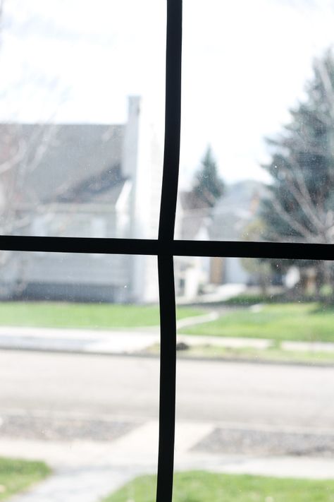 Black Tape Window Hack, Black Electrical Tape Window, Electrical Tape Window Grid, Diy Black Window Grids, Electric Tape Window, Electrical Tape Window Pane, Farmhouse Kitchen Windows, Faux Window Panes, Painting Windows