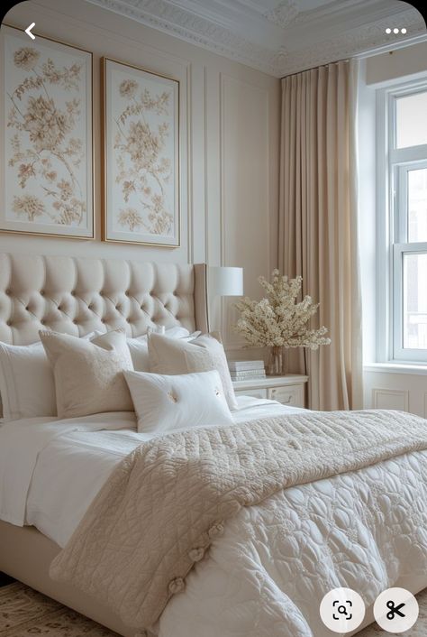 Cream Tufted Bedroom Ideas, Champagne Furniture Bedrooms, Champagne Color Bed, Beige Tufted Headboard Bedroom Decor, Ivory Bedroom Ideas, Tufted Beige Bed, White And Gold Bedroom, Champagne Bedroom, Gold Bedroom