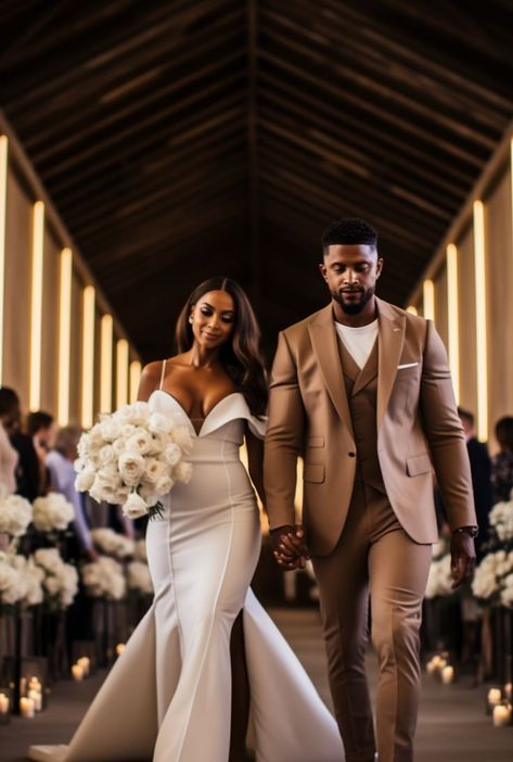 The bride and groom, in their beautifully coordinated wedding attire, make their way down the aisle. The rich hues of dark beige and white, combined with the flair of pop inspo, paint a picture of love, unity, and the beginning of a beautiful journey together. A Walk To Remember, Wedding Tux, Dark Beige, Dreamy Wedding, A Walk, Bride And Groom, The Bride, Wedding Inspiration, Essence