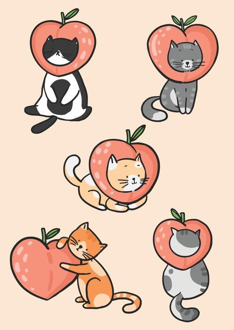 cute cats character design with peach vector Cats Character Design, Peach Vector, Peach Character, Cat Peach, Peach Cat, Peach Design, Bobbie Goods, Vector Infographic, Cat Sketch