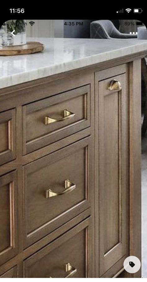 Traditional Style Cabinets, Cabinet Front Ideas, Natural Wood Cabinets With Gold Hardware, Timeless Kitchen Cabinets Wood, Wood Species For Cabinets, Mahagony Kitchen Cabinets, Driftwood Kitchen Cabinets, Hardware For Dark Wood Cabinets, Wood Cabinet Colors