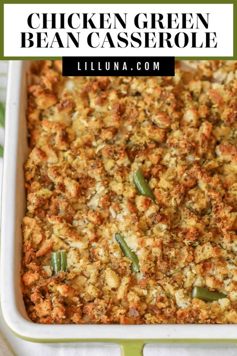 Chicken Stuffing Casserole is a family favorite for dinners and holidays. With chicken, stuffing, gravy, and green beans - it has a little bit of everything, making it a crowd pleaser! #chickenandgreenbeancasserole #chickenstuffingcasserole #casserole #chickencasserole #chickenstuffing Green Bean Chicken Stuffing Casserole, Green Bean And Chicken Casserole, Green Bean Casserole With Cream Of Chicken Soup, Rotisserie Chicken Green Beans, Chicken And Stuffing Casserole With Green Beans, Green Bean Casserole With Cream Of Chicken, Chicken Stuffing Casserole Green Beans, Chicken Casserole With Green Beans, Chicken Green Beans Stuffing Casserole