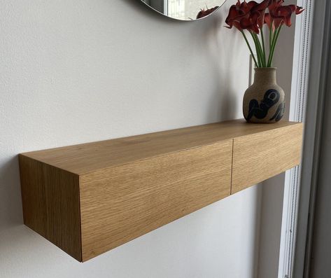 Floating Entryway Shelf With Hidden Drawers Made of Solid Oak | Etsy Ireland Floating Entrance Table, Floating Shelf Console, Entrance Cabinet Design Entryway, Floating Entry Table, Floating Shelves With Drawers, Floating Shelf Entryway, Floating Shelves Entryway, Floating Dresser, Entrance Shelf