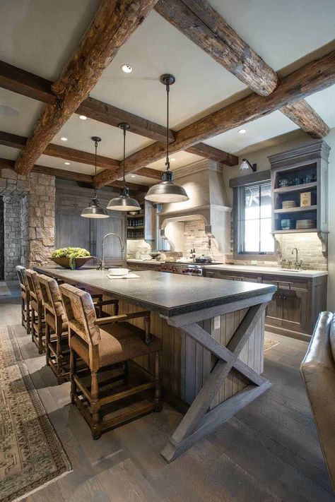 55 Most Fabulous Kitchens Showcased on One Kindesign for 2018 Elegant Rustic Kitchen, Cabin Kitchen, Rustic Kitchen Design, Cabin Kitchens, Rustic Farmhouse Kitchen, Kitchen Ceiling, Beautiful Rooms, Rustic Kitchen Decor, Island Ideas