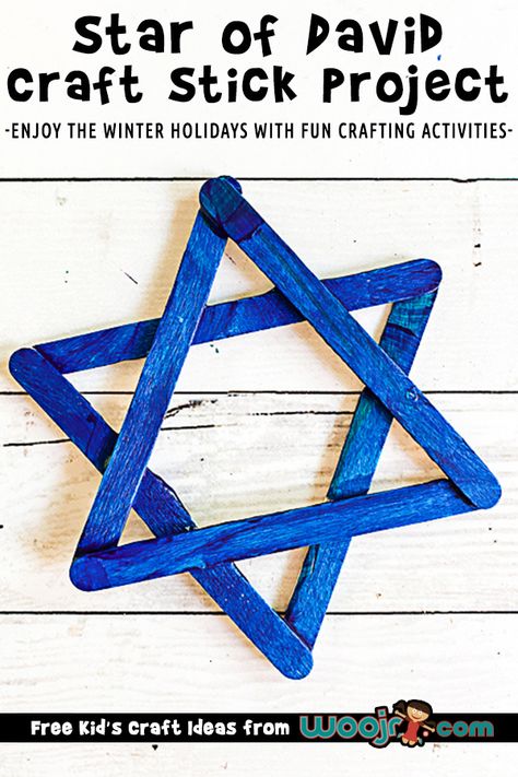 Craft Stick Star of David Craft | Woo! Jr. Kids Activities Star Of David Craft Preschool, Star Of David Craft For Kids, Hanukkah Dramatic Play, Star Of David Craft, Jewish Ornaments, Channukah Crafts, Star Of David Art, David Craft, Hanukkah Activities Preschool