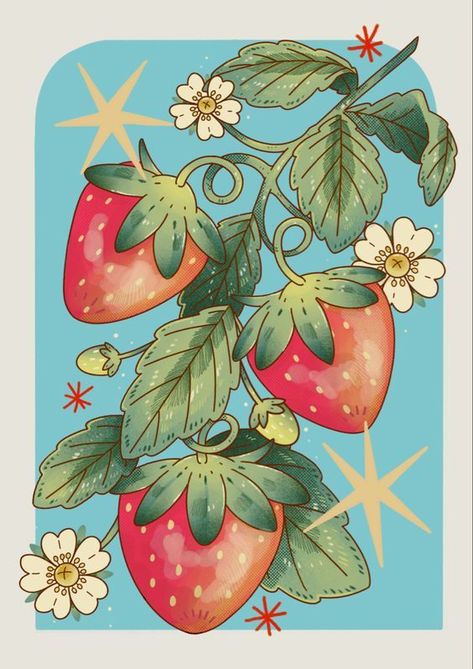 Mushroom And Strawberry Art, Aesthetic Food To Draw, Strawberry Reference Drawing, Fruit Drawings Aesthetic, Fruits Aesthetic Drawing, Stroberry Drawing, Strawberry Bush Painting, Strawberry Fields Drawing, Strawberries Acrylic Painting