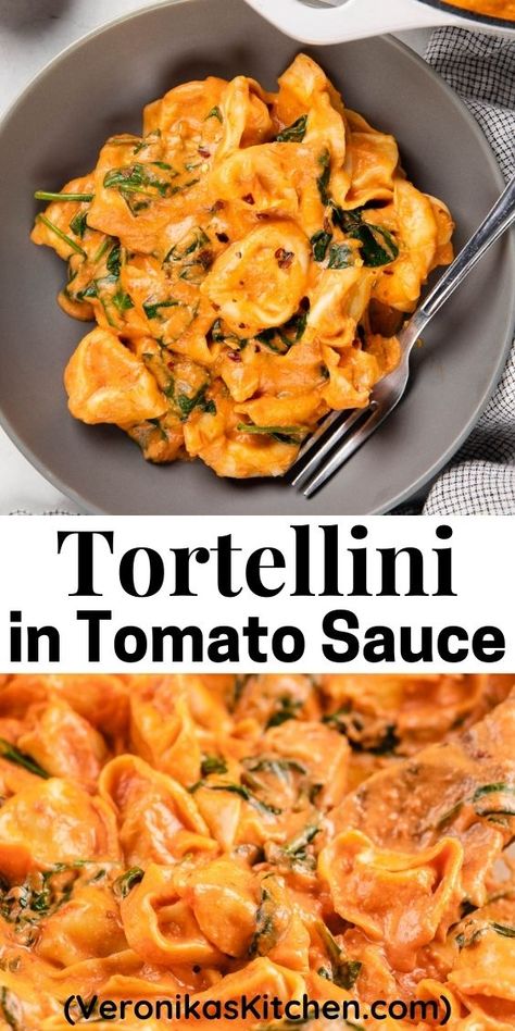 Tortellini in tomato sauce in a grey bowl. Cheese Tortellini Recipes, Farro Salad Recipes, Quick Delicious Dinner, Spinach Tortellini, Tortellini Recipes, Wilted Spinach, Tortellini Pasta, Creamy Tomato Sauce, Easy Dinner Recipe