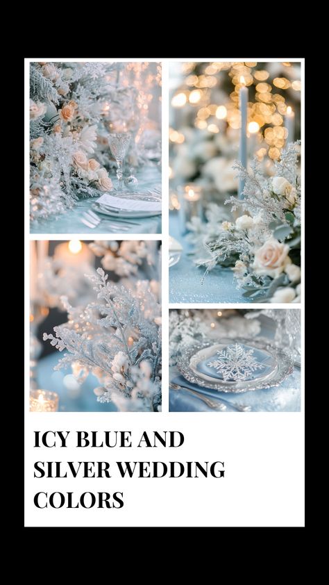 Elegant icy blue and silver wedding decor with matching florals and centerpieces, perfect for a winter wedding theme. Silver Winter Wedding Dress, Blue Winter Wonderland Wedding, Winter Wedding Light Blue, Winterwonder Land Wedding, Snowflake Wedding Theme, Ice Blue Weddings, Winter Wedding Theme, Silver Winter Wedding, Winter Wonderland Wedding Theme