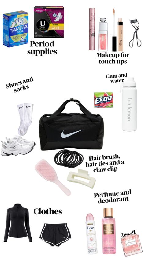 Some thing you need in ur gym bag Gym Bag Essentials List, Sports Bag Essentials, College Backpack Essentials, Sleepover Essentials, Gymnastics Bags, School Backpack Essentials, Volleyball Bag, Everyday Bag Essentials, Dancer Lifestyle