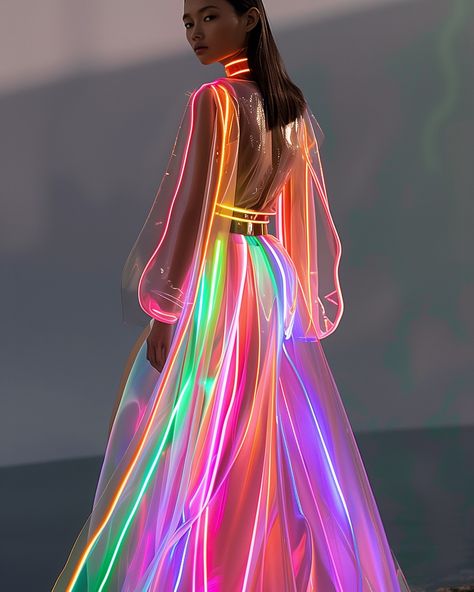 Shine bright wherever you go ✨💖 #neon #fashionshow #runway Bright Party Outfit, Neon Wedding Dress, Neon Cyberpunk Outfit, Glow In The Dark Outfits, Cute Neon Outfits, Glow Clothes, Led Outfit, Glow In The Dark Dress, Acquaintance Party