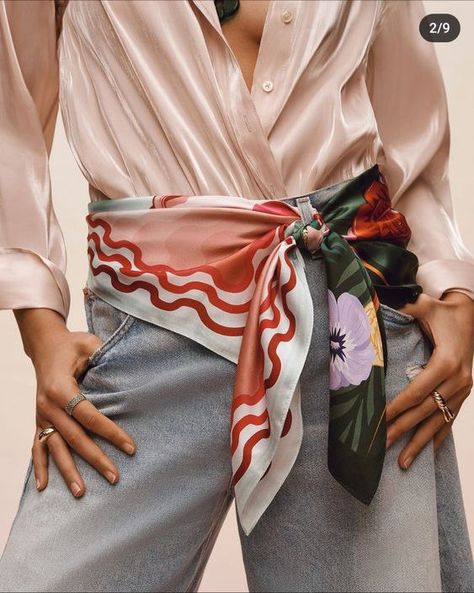 Scarf Waist Wrap, How To Style A Dickie Collar, How To Style Scarves Outfit, Scarf Tied Around Waist, Silk Scarves Outfits, Ways To Wear Silk Scarf, Handkerchief Outfit, Floral Scarf Outfit, Shirt Tied Around Waist