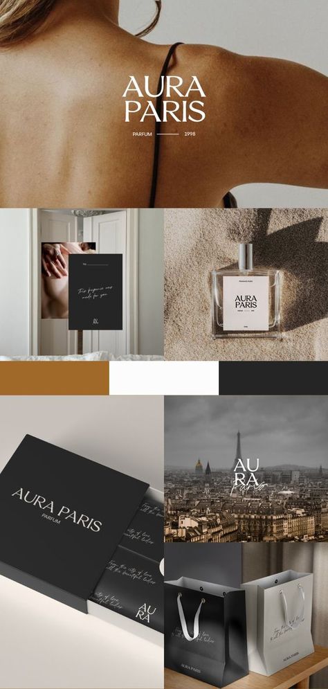 Elegant, feminine, luxury logo design and brand identity for Aura Paris. Perfume Branding #LogoPortfolio #LuxuryLifestyle #LuxuryInspiration Minimalist Perfume Packaging, Perfume Identity Design, Perfume Branding Design Logo, Luxury Perfume Branding, Logo Perfume Design, Perfume Bottle Design Packaging, Perfume Graphic Design, Paris Brands, Perfume Brand Identity