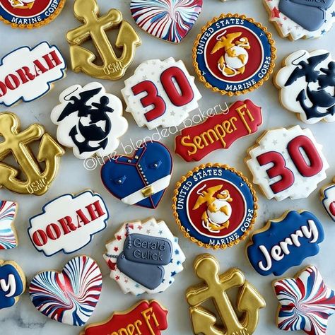 Marine Corp Cookies Decorated, Marine Cookies Decorated, Marine Corps Cookies, Usmc Cookies, Marine Cookies, Marine Party, Usmc Retirement, Military Cake, Patriotic Cookies