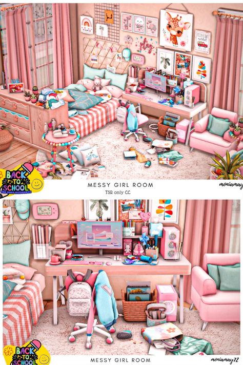 The Sims 4 messy girl bedroom interior Back to School Collab. Download at @thesimsresource #ShowUsYourBuilds #thesims4 #Sims4 #sims4game #ts4house #ts4build #ts4builds #ts4nocc #ts4mm #simsbuilds #ts4 #sims4housebuild #sims4house #sims4home #sims5 #sims4build #simshousedesign #thesims4housebuild . Download here: https://www.thesimsresource.com/downloads/1716139 Ts4 Bedroom Clutter, Sims 4 Cc Cork Board, Sims 4 Dorm Bed Cc, Sims 4 Cc Decor Bedroom, Sims 4 Cc Girly Clutter, Messy Sims 4 Cc, Sims 4 Cc Furniture Poor, Sims 4 Aesthetic Bedroom Cc, Sims 4 Furniture Cc Y2k