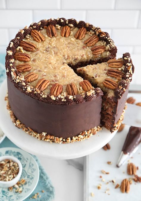 Classic German Chocolate Cake Recipe - Sprinkle Bakes German Chocolate Drip Cake, German Chocolate Treats, German Birthday Cake, German Chocolate Frosting Recipe, Best German Chocolate Cake Recipe, Bakers German Chocolate Cake, Chocolate Cake Aesthetic, German Chocolate Cake Frosting, German Chocolate Cake Cookies