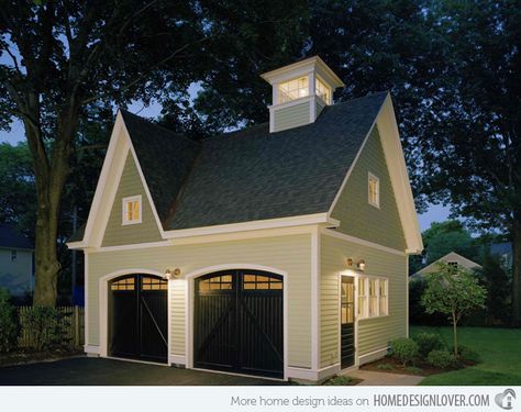 This traditional two door garage is a nice replica of a small Victorian inspired design house Diy Garage Plans, Black Garage Doors, Garage Plans Detached, Plan Garage, Carriage House Garage, Carriage House Plans, Garage Addition, Cool Garages, Barn Garage