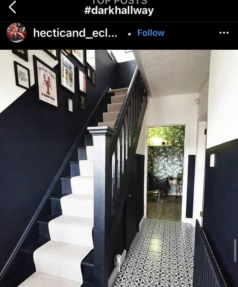 Victorian Terrace Hallway, Staircase Banister Ideas, Lambriseringen Gang, Scandi Hallway, Hallway Wall Colors, Black And White Hallway, Stairs And Hallway Ideas, Hallway Panelling, Stair Paneling