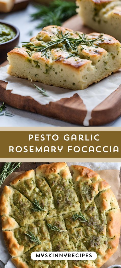 Indulge in the aromatic delight of homemade Pesto Garlic Rosemary Focaccia 🌿🍞 A flavorful twist on classic bread, topped with savory pesto, minced garlic, and fresh rosemary. Perfect for sharing with friends and family!#myskinnyrecipes  #FocacciaRecipe #HomemadeBread #ItalianCuisine Things To Make With Rosemary, Rosemary Garlic Foccacia Muffins, Pesto Focaccia Bread, Homemade Foccacia Bread, Focaccia Flavors, Rosemary Garlic Focaccia Muffins, Rosemary And Garlic Foccacia Bread, Rosemary Garlic Foccacia Bread, Garlic Rosemary Focaccia Muffins