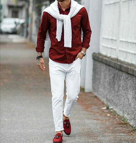 What kind of men’s casual fashion style are you looking for? You can choose either shirt long sleeve, mens pants casual or mens shoes casual sneakers as your basics, which will make your casual wear simple and streamlined. Outfits with flannel and distressed jeans outfit are also trendy. #casual dress guidelines #own casual mens style #casual style guide #mens fashion styles outfits #denim jacket outfit #guycasual #fashionstylemen #mensfashionstyling #manshion #menswear Outfit Pantalon Rojo, Best Casual Wear For Men, White Christmas Outfit, Banquet Outfit, Christmas Outfit Men, Red And White Outfits, Party Outfit Men, Dapper Mens Fashion, White Pants Outfit