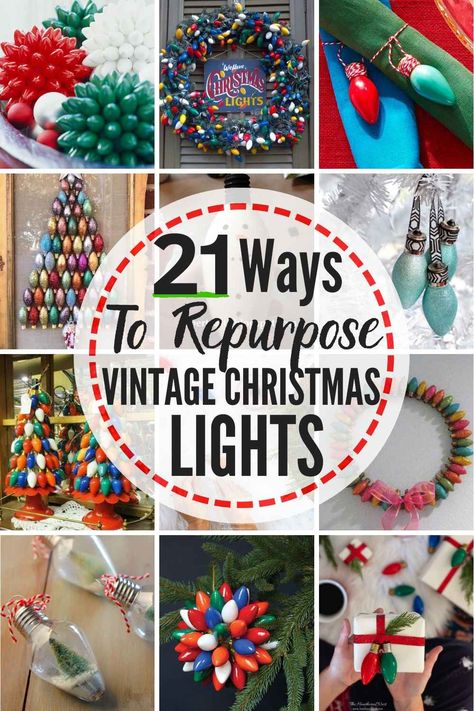 21 BRIGHT IDEAS To Repurpose Vintage Christmas Lights! Here are awesome ideas for ways to reuse old-fashioned Christmas lights for fun (and safe) new Christmas decor and Christmas crafts! #christmascrafts #christmasdecor #repurpose #reuse #upcycle #vintagechristmaslights #oldfashionedchristmaslights #ideasforoldfashionedchristmaslights #ideasforvintagechristmaslights #waystorepurposecintagechristmaslights #waystoreusevintagechristmaslights #waystoreuseoldfashionedchristmaslights #lightbulbcrafts Old Fashioned Christmas Lights, Safe Ideas, Christmas Tree Light Bulbs, Christmas Tree Bulbs, Light Bulb Crafts, Christmas Lights Outside, Vintage Christmas Lights, C9 Christmas Lights, Diy Christmas Lights