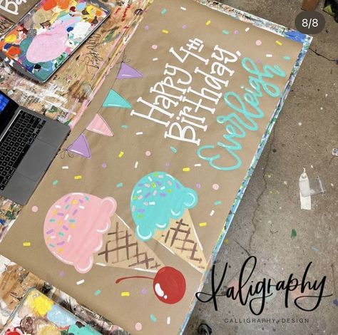 Butcher Paper Banner Birthday, Hand Painted Banner Birthday, Happy Birthday Painted Banner, Brown Paper Sign, Birthday Signs Diy Poster, Painted Birthday Banner, Banner Painting, Happy Birthday Painting, Painted Banners