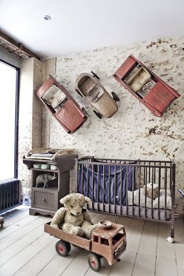 The Laurel Hedge: Vintage Toy Cars -- Ray Chevrolet Kids should all have this room! Industrial Nursery, Antique Nursery, Old Fashioned Cars, Car Nursery, Baby Room Design, Vintage Nursery, Big Boy Room, Nursery Room Decor, Baby Bedroom