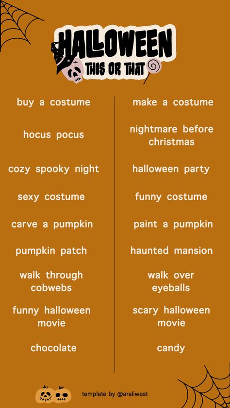 Halloween This or That sized for IG stories! Share with your friends, template by @araliwest 🐈‍⬛👻🍂 #halloweenthisorthat #halloweenstories This Or That Halloween, Halloween This Or That, Halloween Ig Story, Friends Template, Halloween Themed Food, Halloween Post, Phone Things, Halloween Stories, Halloween Traditions