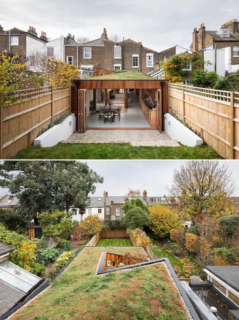 A modern home extension with a green roof, minimalist interior, and warm wood window frames. Eco Roof, Living Wall Garden, Green Roof Design, Flat Roof Design, Green Roof House, Flat Roof Extension, Grass Roof, Home Extension, Wood Window Frame