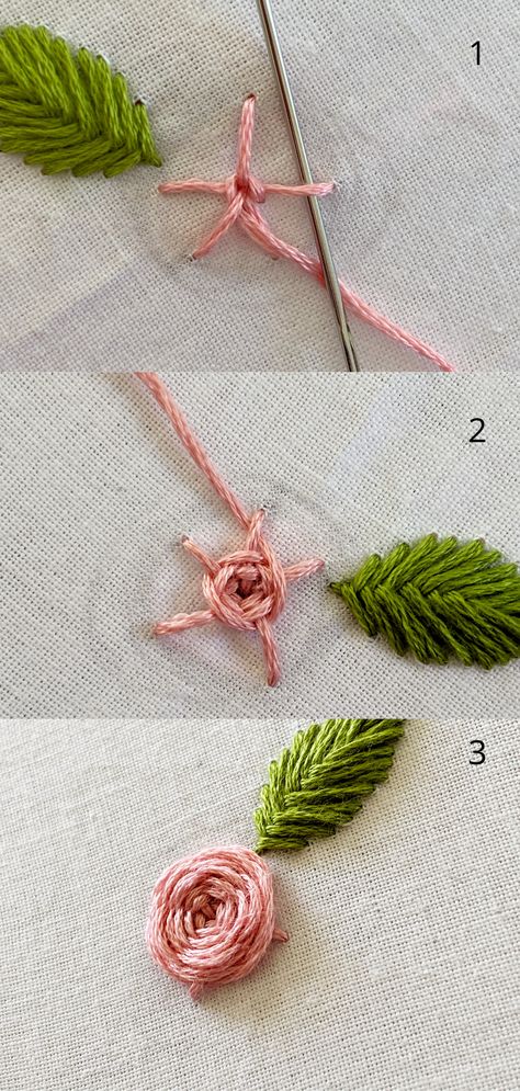 Sulaman Pita, Embroidery Rose, Embroidery Lessons, Hand Embroidery Patterns Flowers, Diy Embroidery Patterns, Hand Embroidery Tutorial, Embroidery Stitches Tutorial, Hand Embroidery Projects, Hand Embroidery Flowers