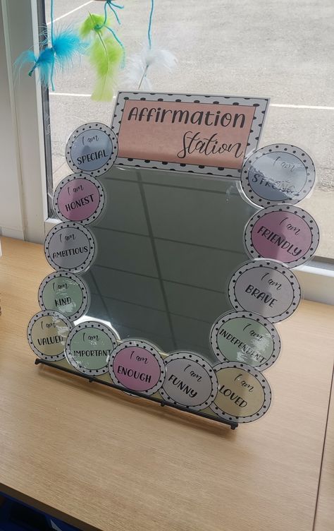 Support your student's wellbeing with this colourful and editable affirmation station. Add these positive mantras to the classroom door, wall or even around a mirror. Why not try them in the staff room too?! Classroom Self Care Station, Self Care Station At Work, Staff Room Decoration Ideas, Staff Wellbeing Board, Wellbeing Wall, Student Advocate, Affirmation Mirror Classroom, School Counselor Room, Sticky Note Affirmations Mirror