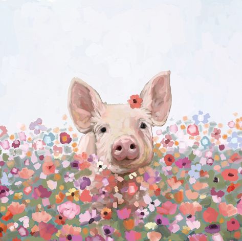 Pig Wall Art, Bright Pink Flowers, Pig Painting, Pig Pictures, Pig Farm, Pig Drawing, Pig Wallpaper, Farm Paintings, Pig Art