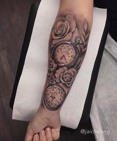 Tattoo Sleeve For Moms With Kids, Time Peices Tattoos, Tattoo Ideas For 2 Daughters, Clock Tattoo For Kids Births, Pocket Watch Tattoo Design Births, Tattoo Ideas For 2 Kids, Mother Forearm Tattoo, Birth Clock Tattoo Design, Clock Tattoo Design Births