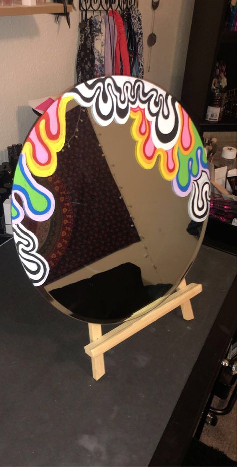 Acrylic handpainted by @3rdeyeivy on IG CHECK OUT AT @CLOUDED.CRAFTSHOP ON IG FOR MORE 💖 Drippy Mirror, Painted Mirror Aesthetic, Diy Mirror Painting Ideas, Mirror Painting Ideas Art, Mirror Frame Painting Ideas, Mirror Painting Ideas, Dripping Paint Art, Trippy Decor, Diy Mirror Frame