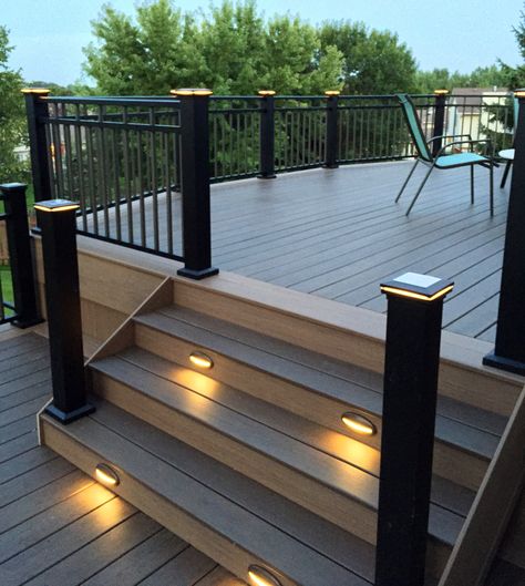 Timbertech deck with stair lighting and lighted post caps Deck Lighting Ideas, Outdoor Deck Lighting, Stairs Lighting, Stair Lights, Deck Posts, Deck Stairs, Deck Lights, Stair Lighting, Deck Lighting