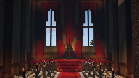 Black And Red Minecraft House, Minecraft Castle Throne Room, Minecraft Gothic Bedroom, Minecraft Throne Room Ideas, Satanic Minecraft Builds, Minecraft Dark Castle Interior, Evil Lair Minecraft, Minecraft Vampire Build, Throne Minecraft Ideas