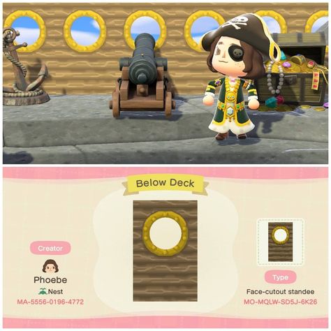 1,013 Likes, 4 Comments - Animal Crossing Codes Designs (@ac.customdesigns) on Instagram: “Pirate ship windows for standee by spocktopode / twitter ✨ Follow @ablesisters.shop for all your…” Pirate Island Animal Crossing, Acnh Pirate Design, Acnh Pirate Design Code, Acnh Pirate Ship, Acnh Pirate Theme, Animal Crossing Pirate, Acnh Pirate, Acnh Standee, Pirate Code